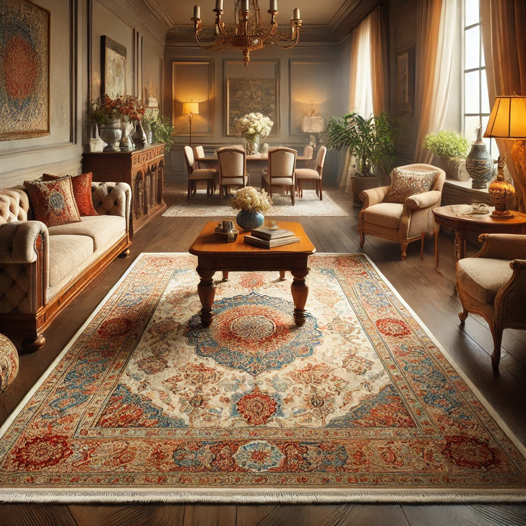 A beautifully staged room featuring a luxurious handmade Persian rug