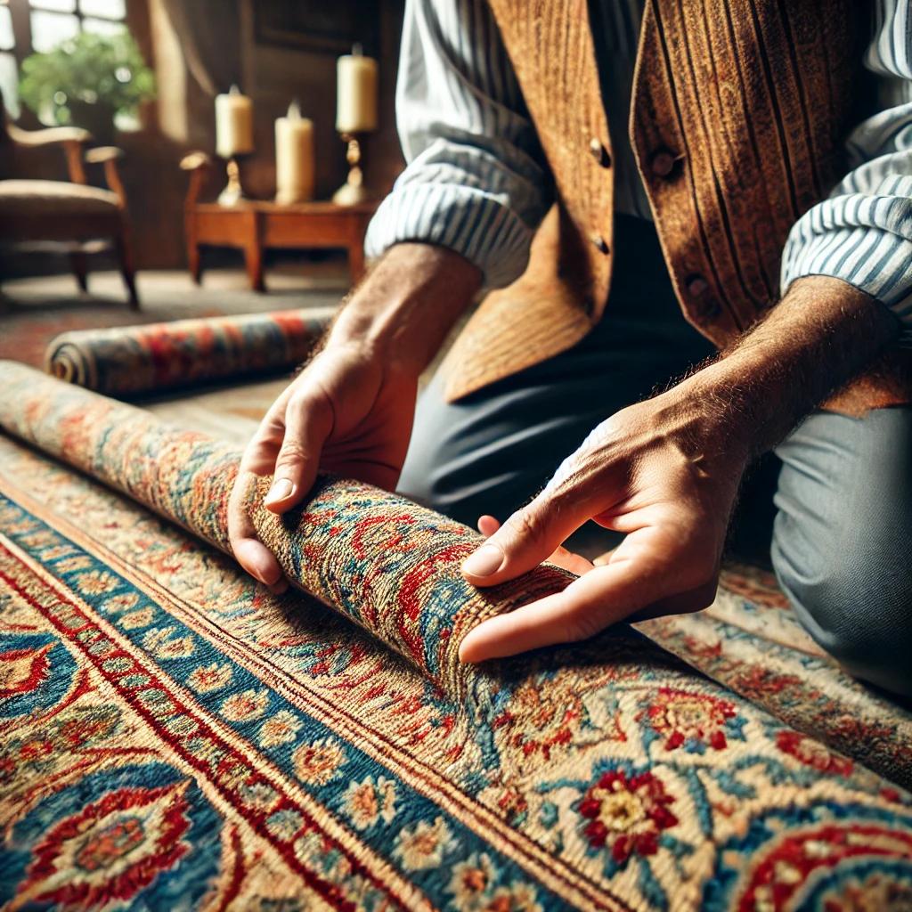 A close-up of an authentic Persian rug being exami