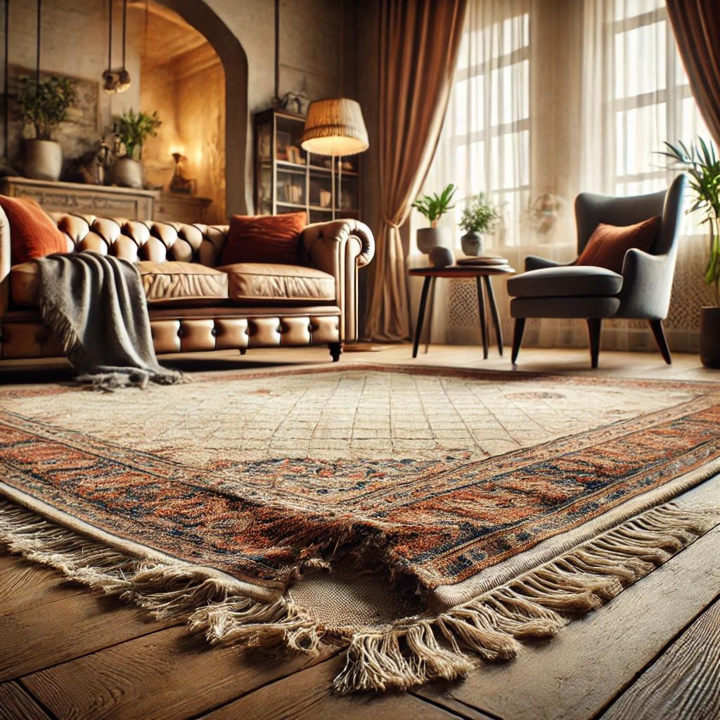 A cozy living room with an old, worn out area rug