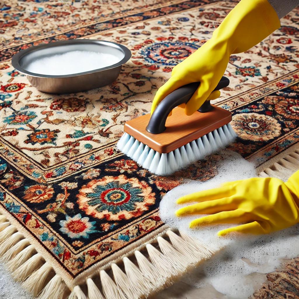 A luxurious Persian rug being cleaned carefully