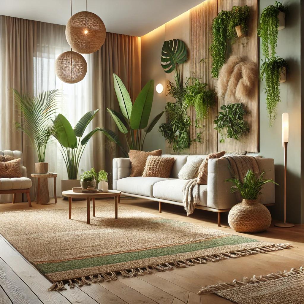 A modern living room featuring an eco friendly rug