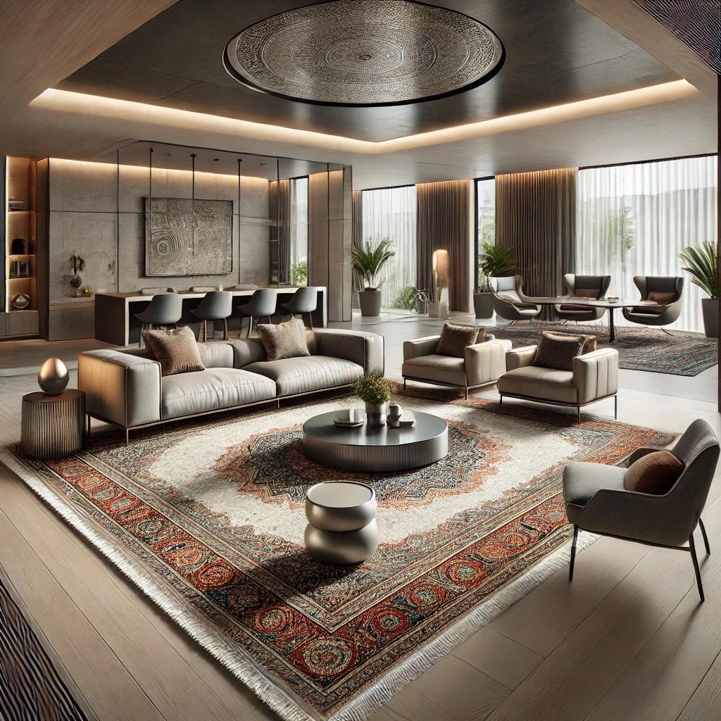 A modern living room with a stylish Persian rug pe