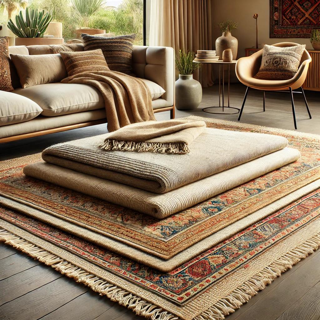 A stylish living room showcasing layered rugs. A l