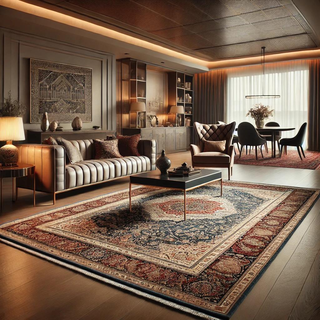 A stylish living room with a luxurious Persian rug